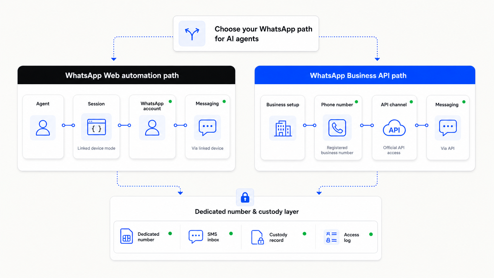 Two WhatsApp agent deployment paths showing a Web or Baileys workflow and an official WhatsApp Business API workflow, both connected to phone-number planning.